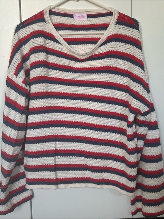 Pink Lily Sweaters - Pink Lily Cream, Red & Navy Striped Scoopneck Sweater M